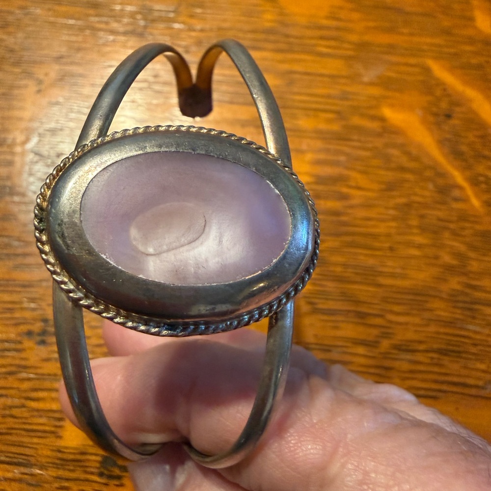 Mexican cuff bracelet stamped with lavender colored stone